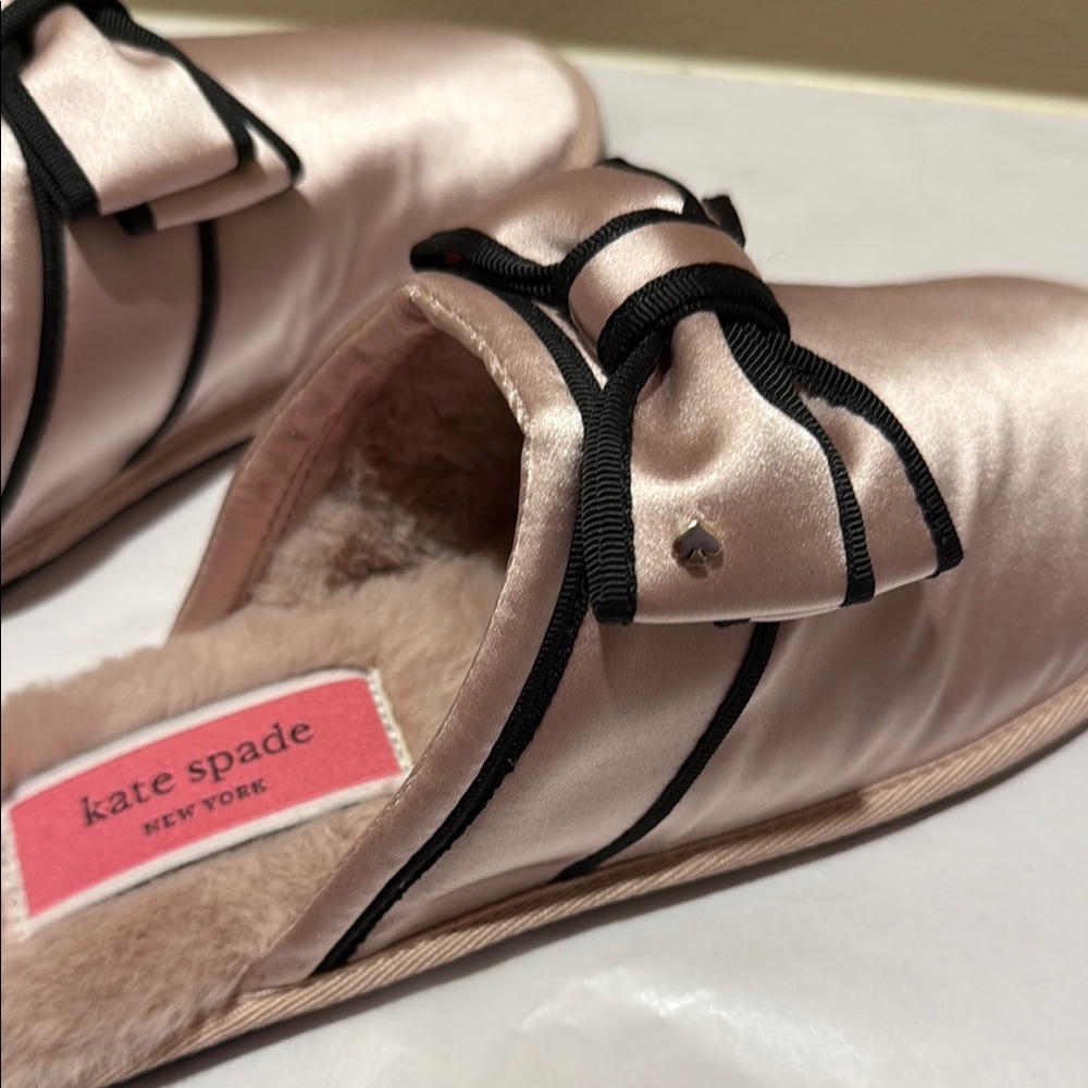 NWOT Kate Spade Pink and Black Slippers with Bow Detail and Faux Fur - Picture 14 of 14